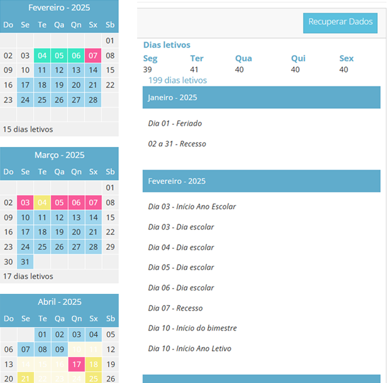 Calendário integrado