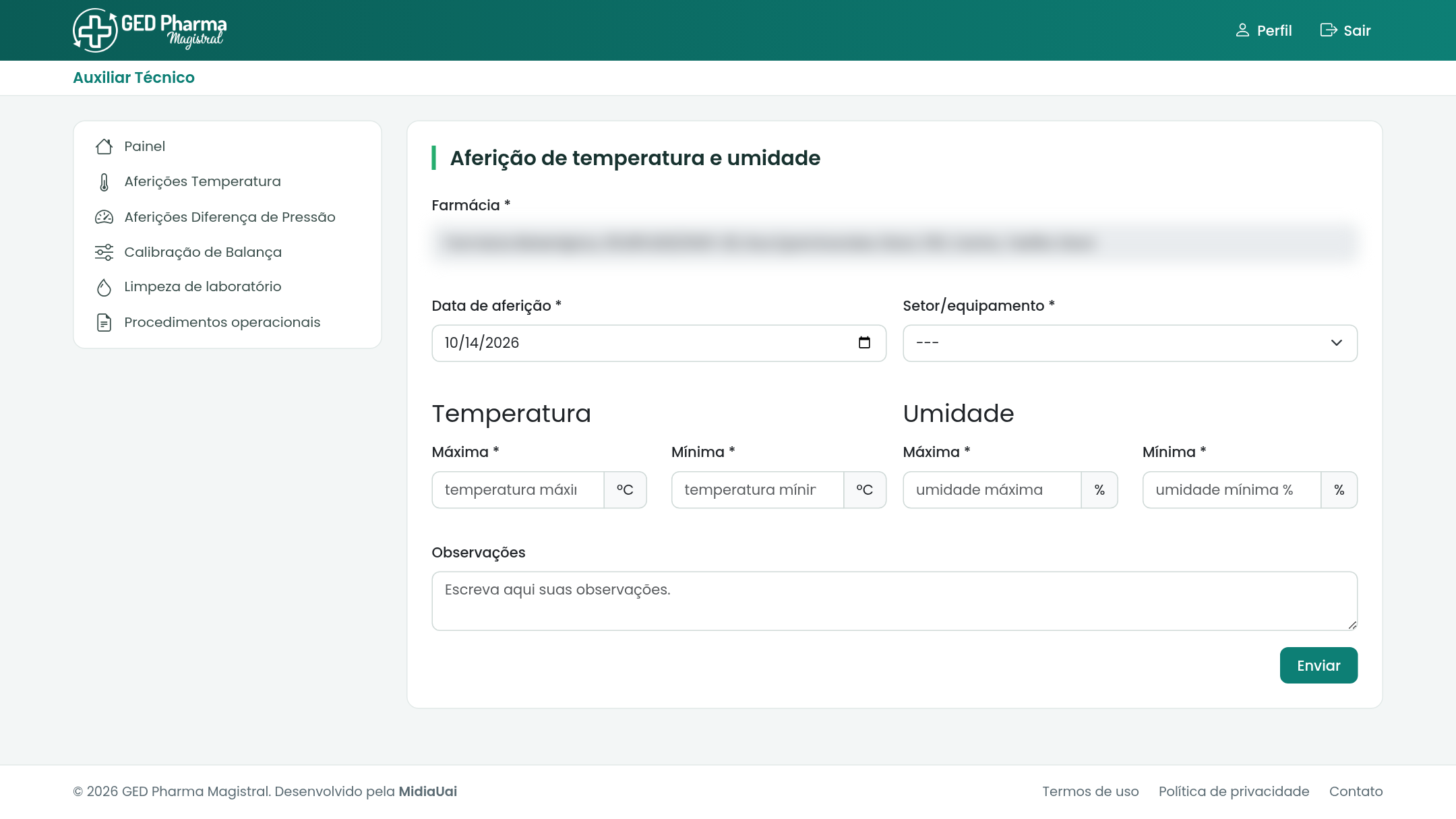 Formulário do auxiliar técnico para registrar temperatura e umidade.