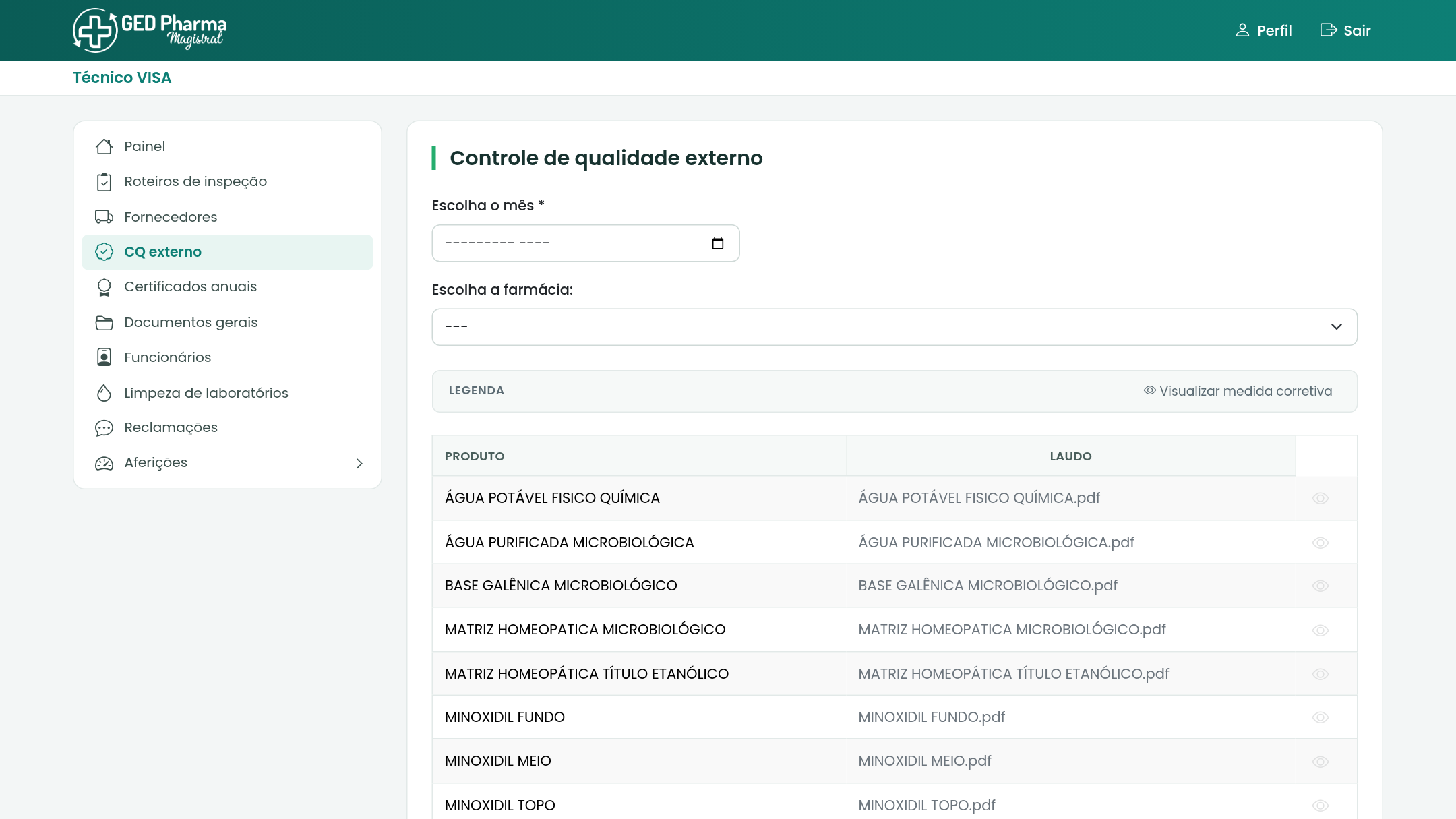 Laudos externos de controle de qualidade organizados por produto.