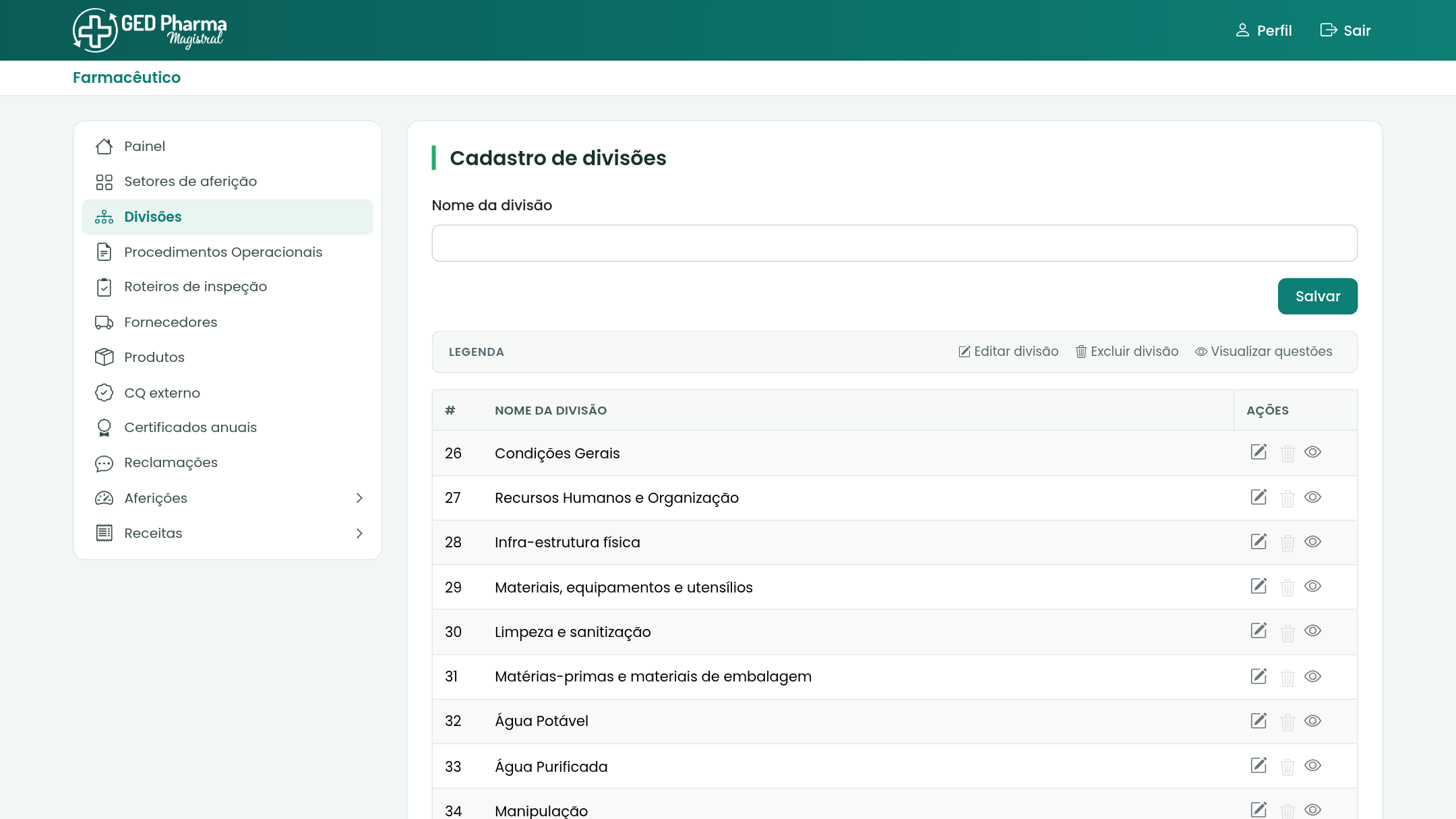 Cadastro das divisões do roteiro de inspeção pelo farmacêutico.