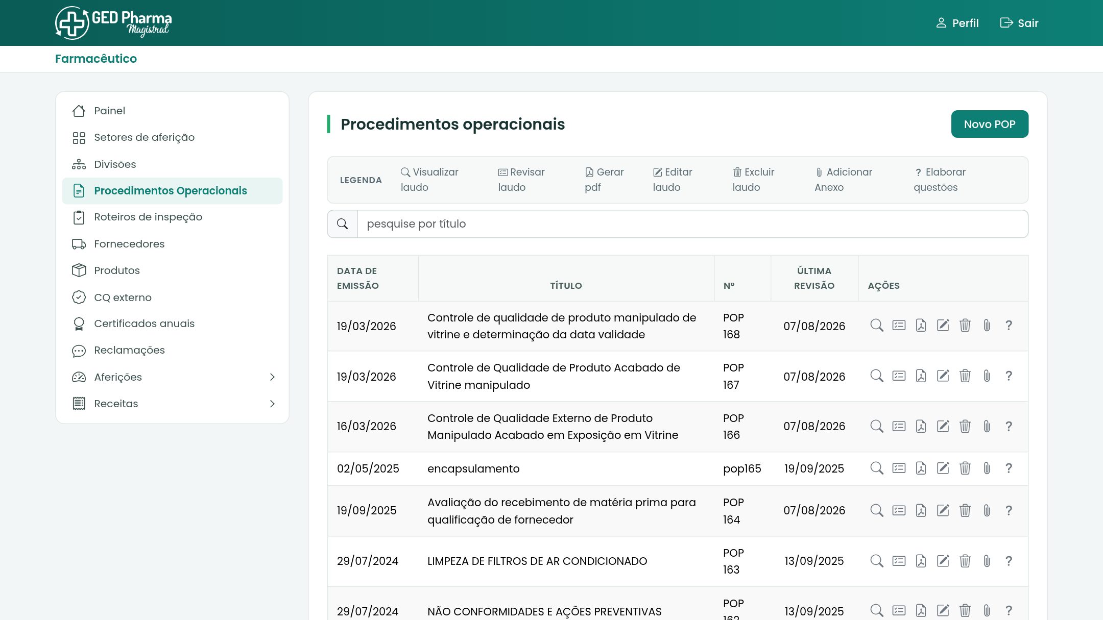 POPs com número, emissão e data da última revisão.