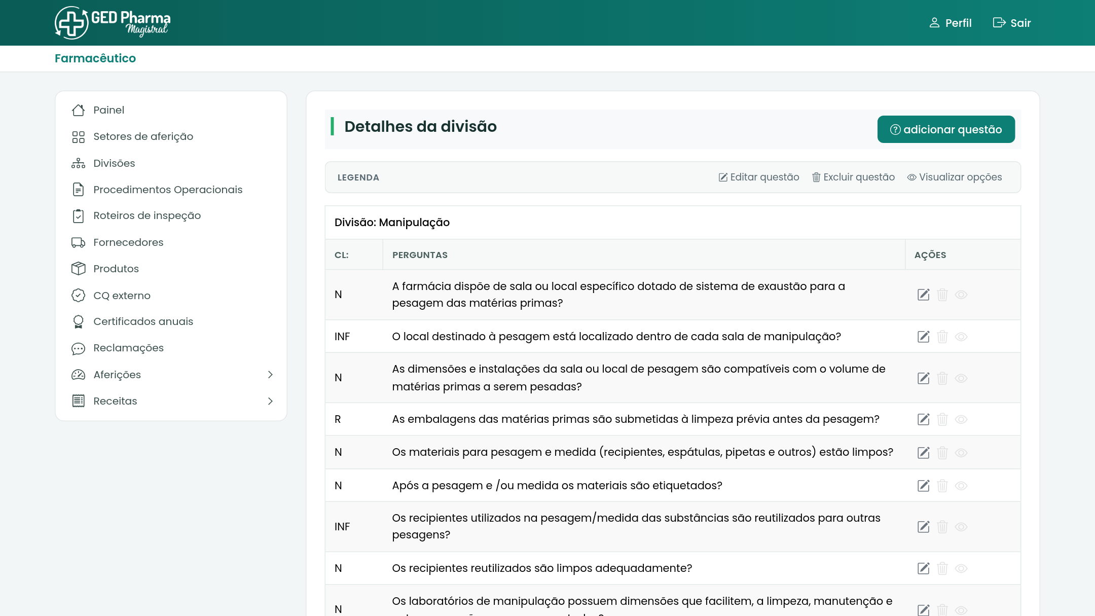 Perguntas da divisão Manipulação com classificação por item.