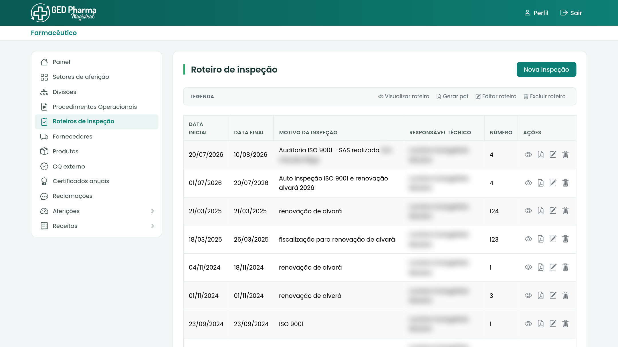 Roteiros de inspeção: nova inspeção, visualizar, gerar PDF ou editar.