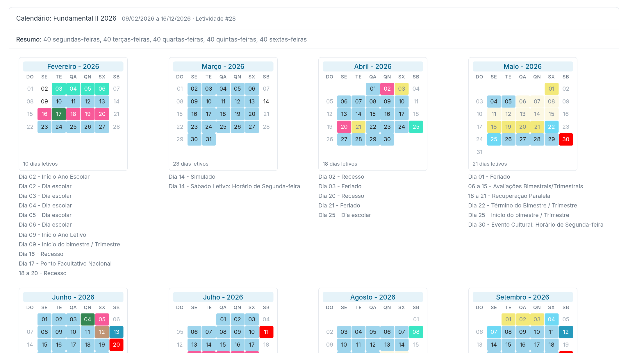 Calendário do ano letivo organizado por meses e com eventos do período.
