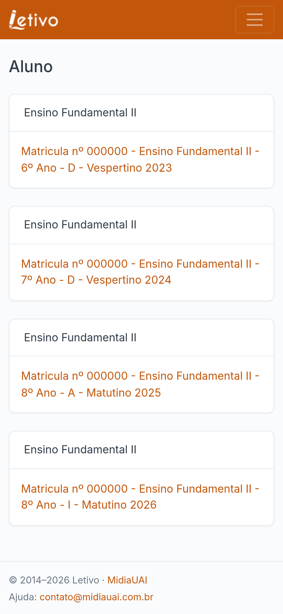 Tela inicial do aluno no Letivo exibida em um celular, mostrando as matrículas de cada ano.