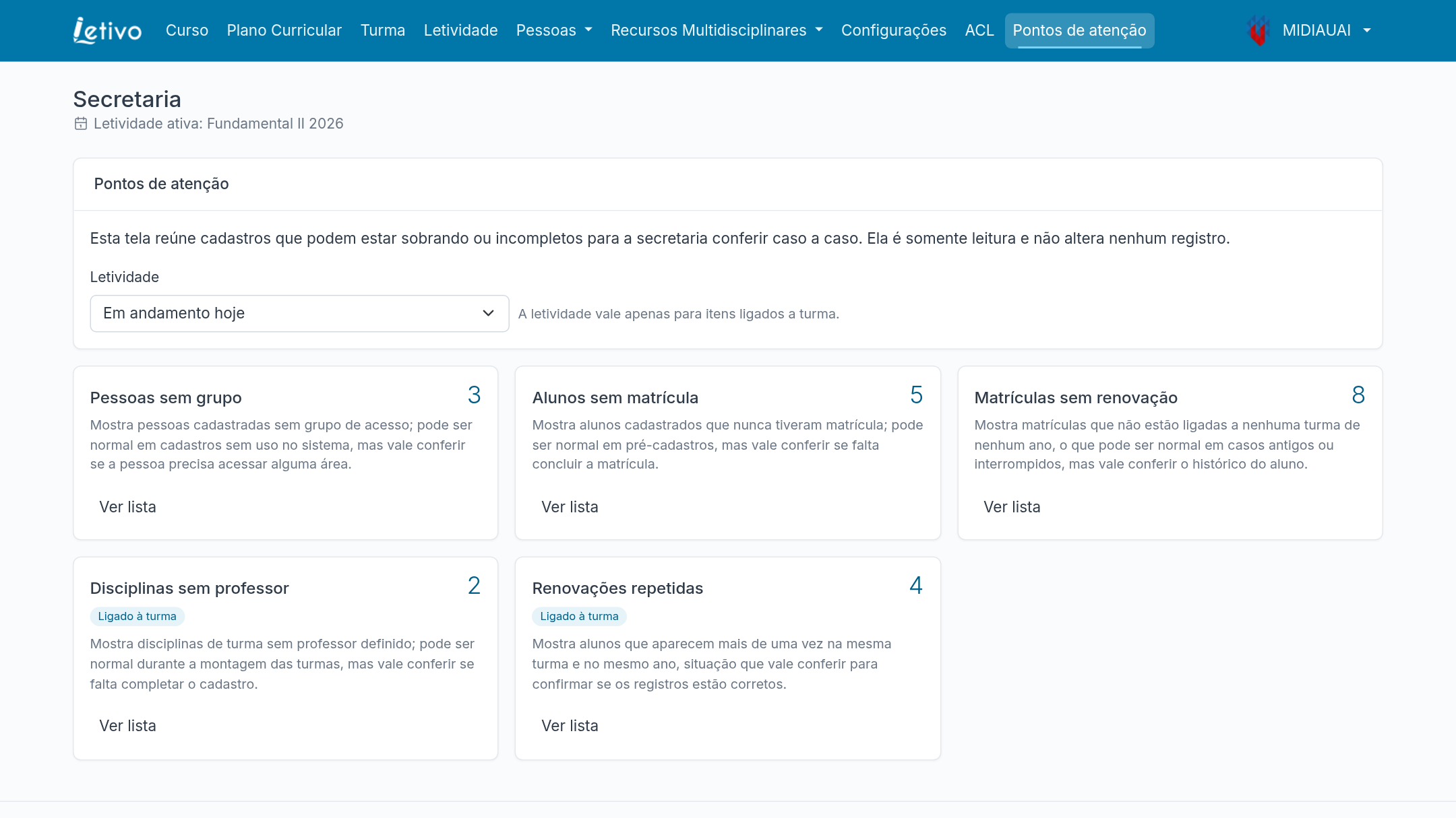 Tela Pontos de atenção com os tipos de cadastro a revisar e contagens de exemplo.